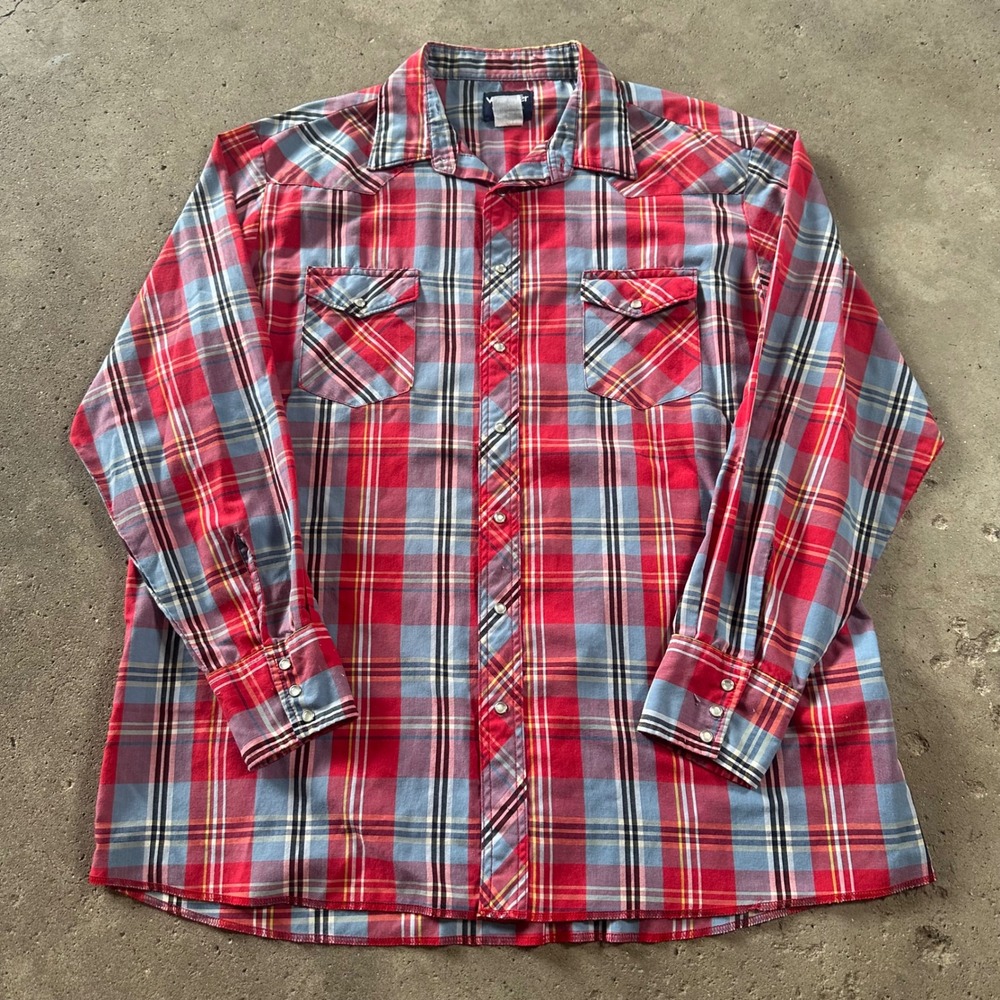 VTG Wrangler Western Shirt Mens 2XT Red Blue Plaid Pearl Snap Long Sleeve Tall